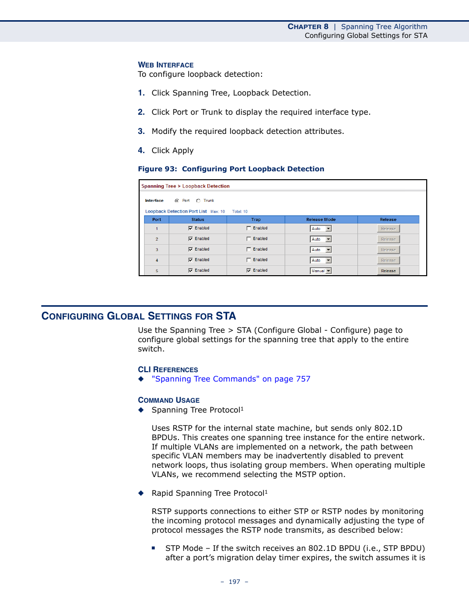 Configuring global settings for sta, Figure 93: configuring port loopback detection, Global settings for sta | Microsens MS453490M Management Guide User Manual | Page 197 / 984