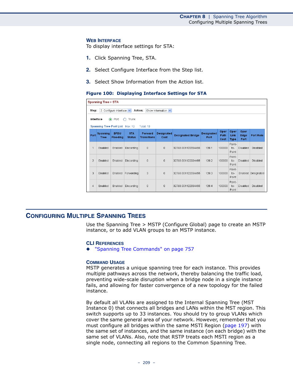 Configuring multiple spanning trees, Figure 100: displaying interface settings for sta, Global settings for mstp | Sets | Microsens MS453490M Management Guide User Manual | Page 209 / 984