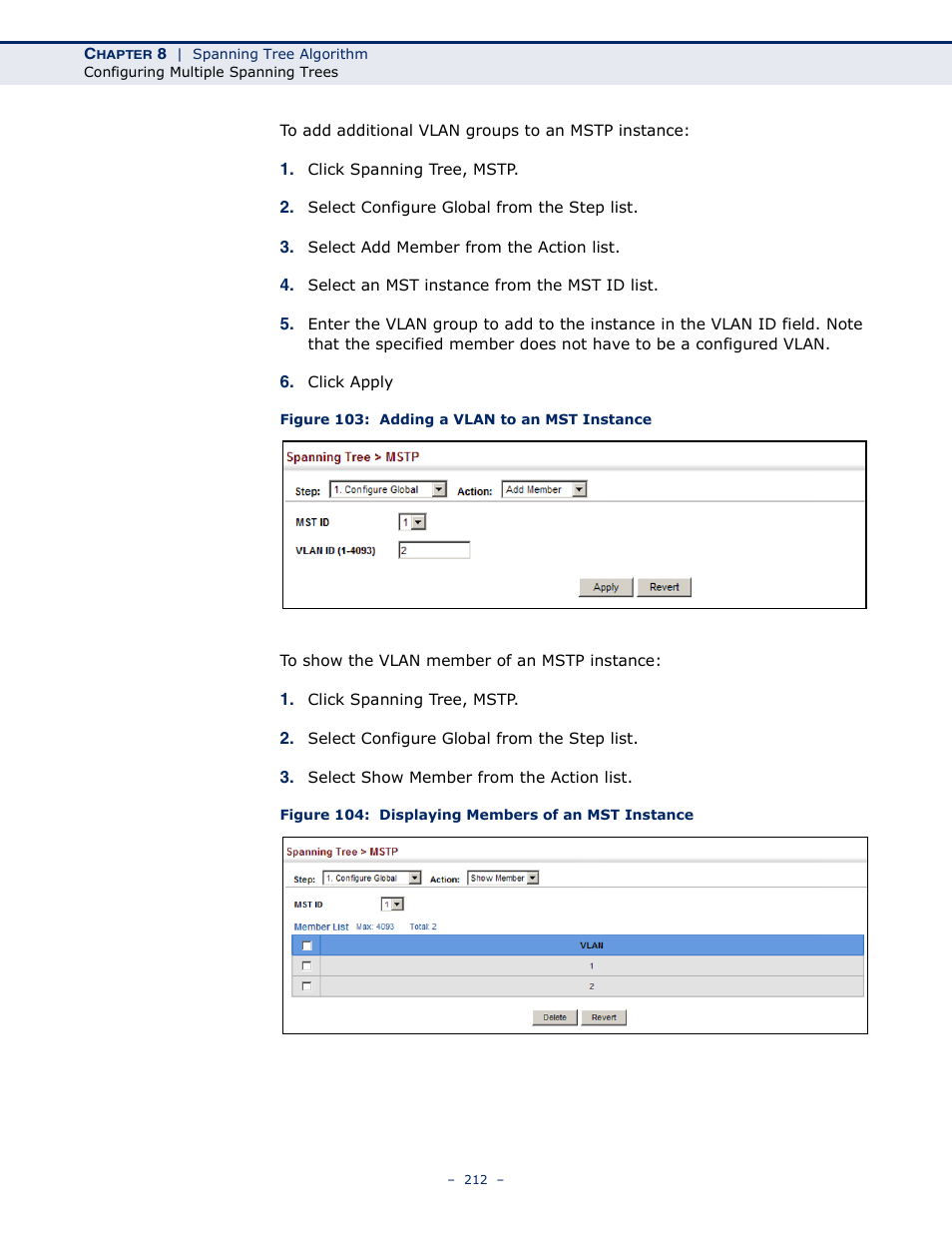 Figure 103: adding a vlan to an mst instance, Figure 104: displaying members of an mst instance | Microsens MS453490M Management Guide User Manual | Page 212 / 984