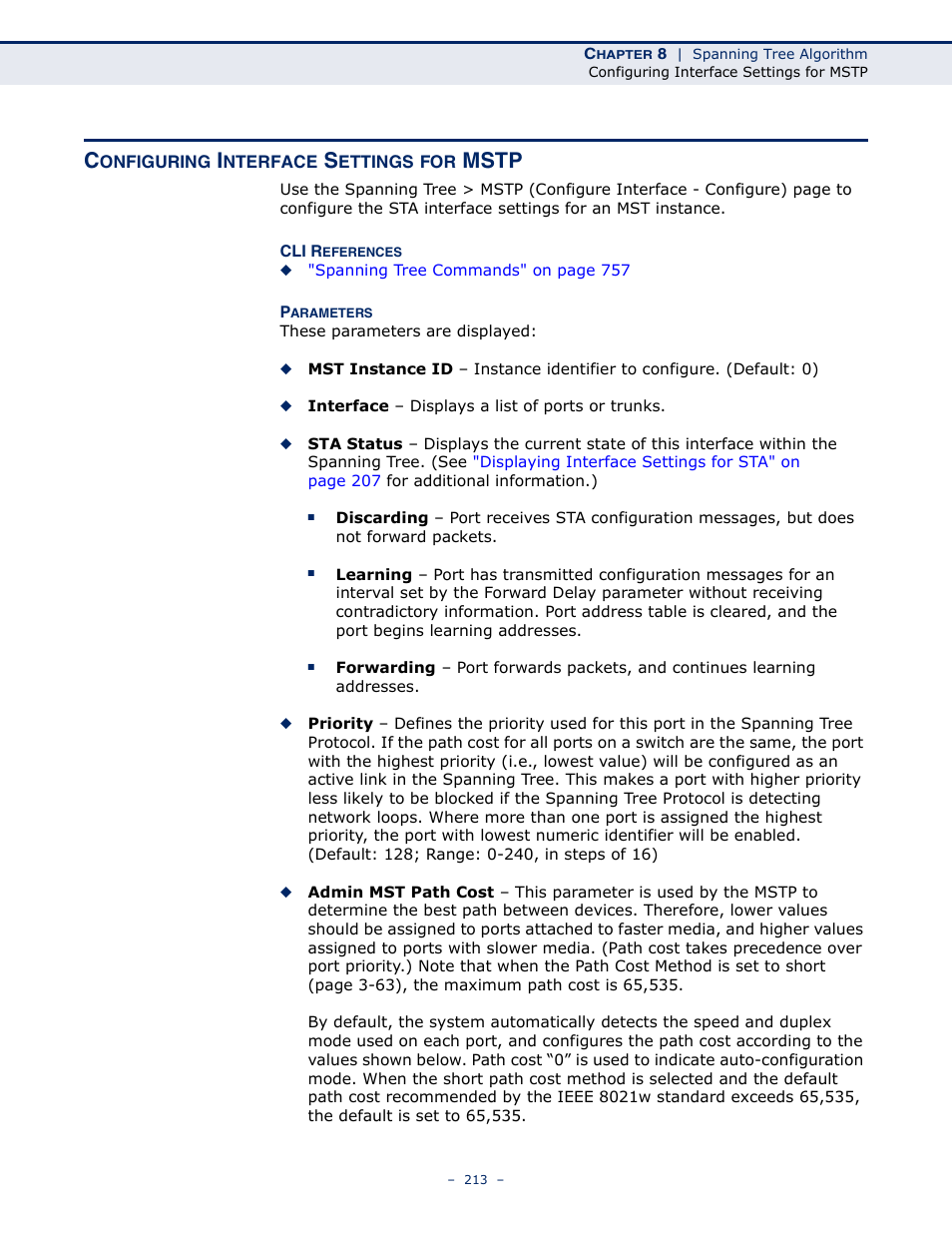 Configuring interface settings for mstp, Interface settings for mstp, Mstp | Microsens MS453490M Management Guide User Manual | Page 213 / 984