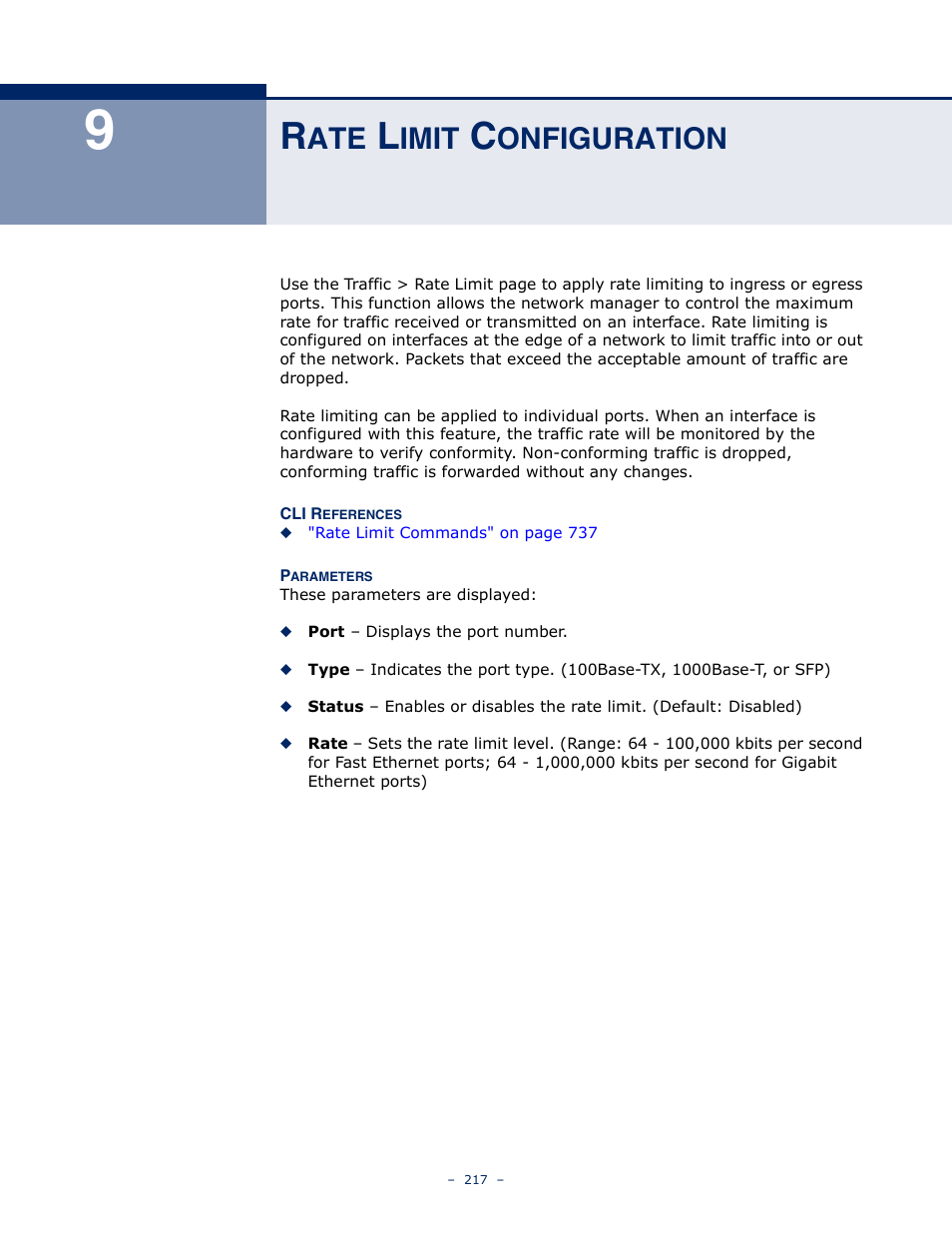 Rate limit configuration, Imit, Onfiguration | Microsens MS453490M Management Guide User Manual | Page 217 / 984