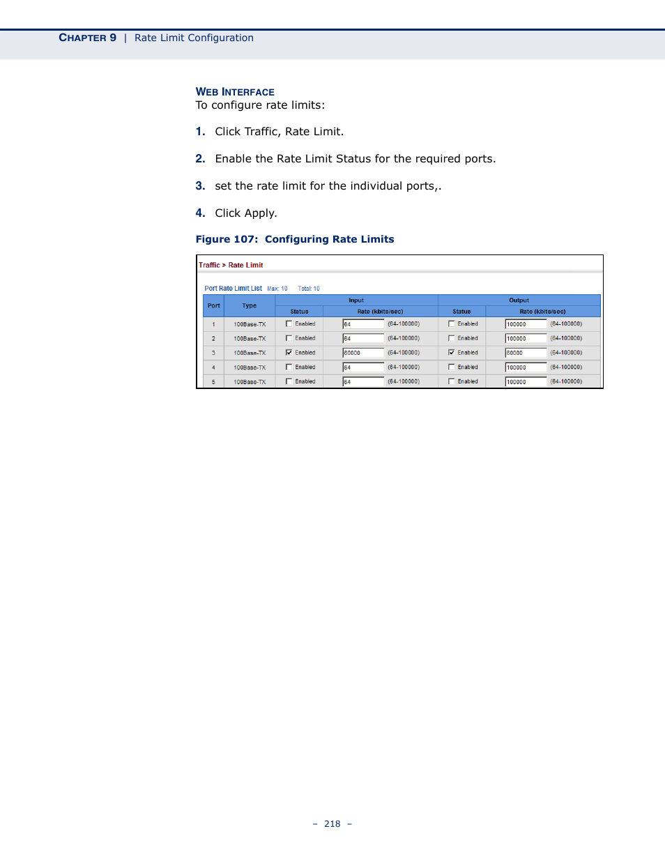 Figure 107: configuring rate limits | Microsens MS453490M Management Guide User Manual | Page 218 / 984