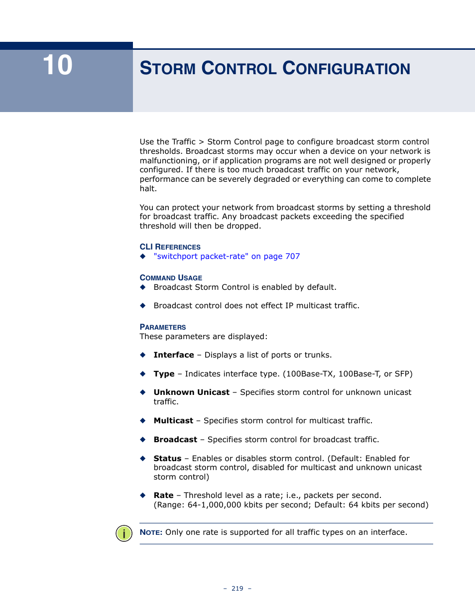 Storm control configuration, 10 s, Torm | Ontrol, Onfiguration | Microsens MS453490M Management Guide User Manual | Page 219 / 984