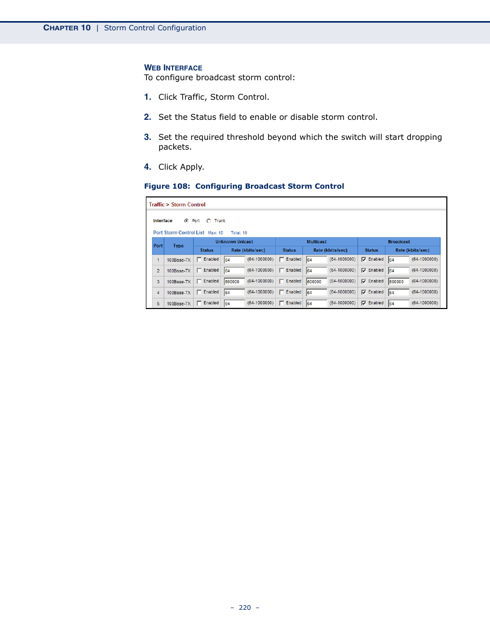 Figure 108: configuring broadcast storm control | Microsens MS453490M Management Guide User Manual | Page 220 / 984