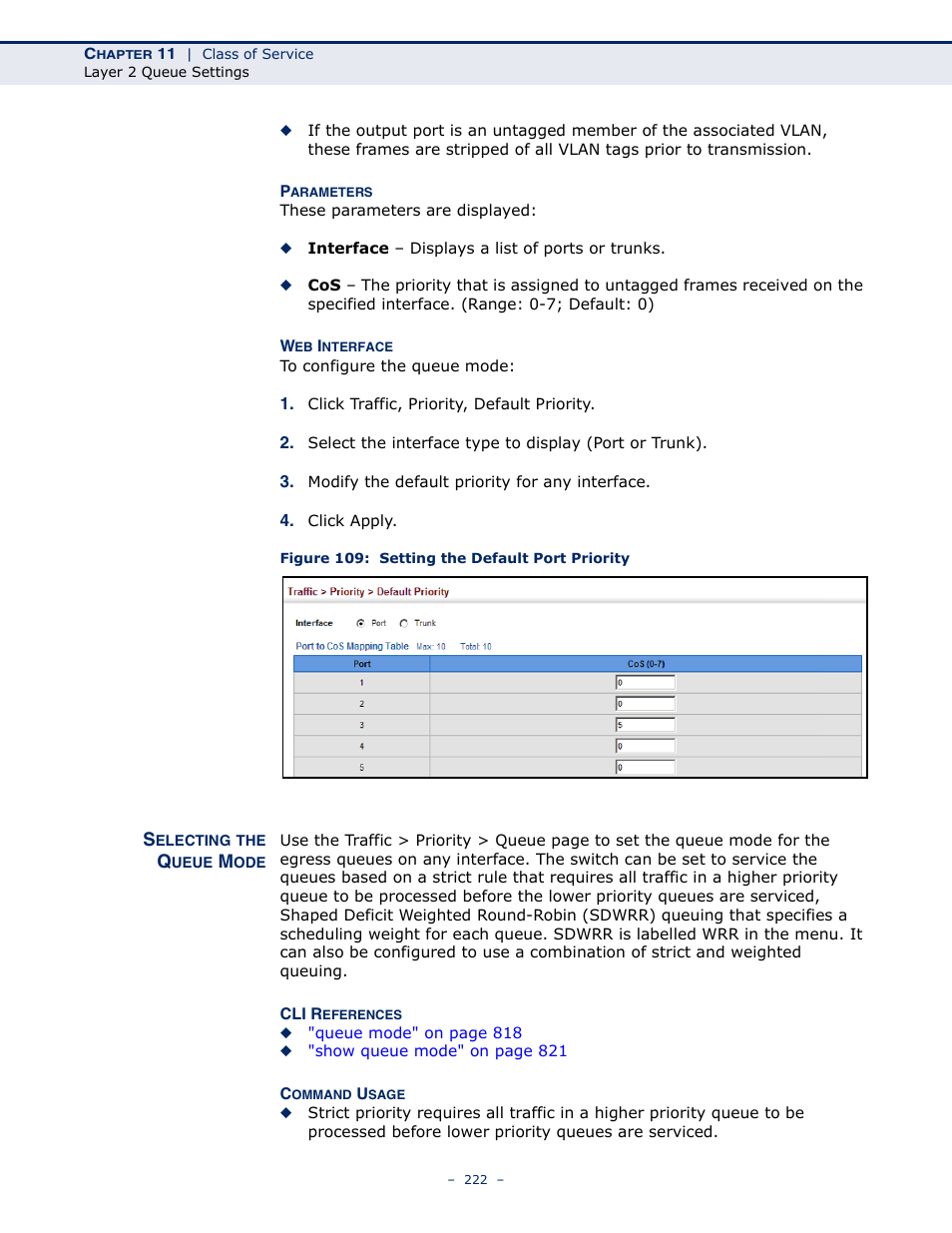 Selecting the queue mode, Figure 109: setting the default port priority | Microsens MS453490M Management Guide User Manual | Page 222 / 984