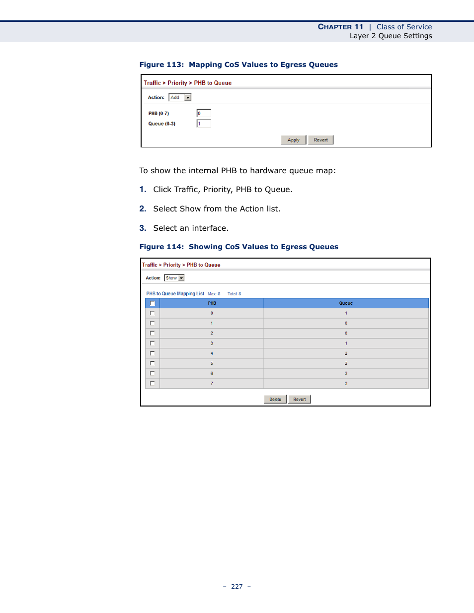 Figure 113: mapping cos values to egress queues, Figure 114: showing cos values to egress queues | Microsens MS453490M Management Guide User Manual | Page 227 / 984