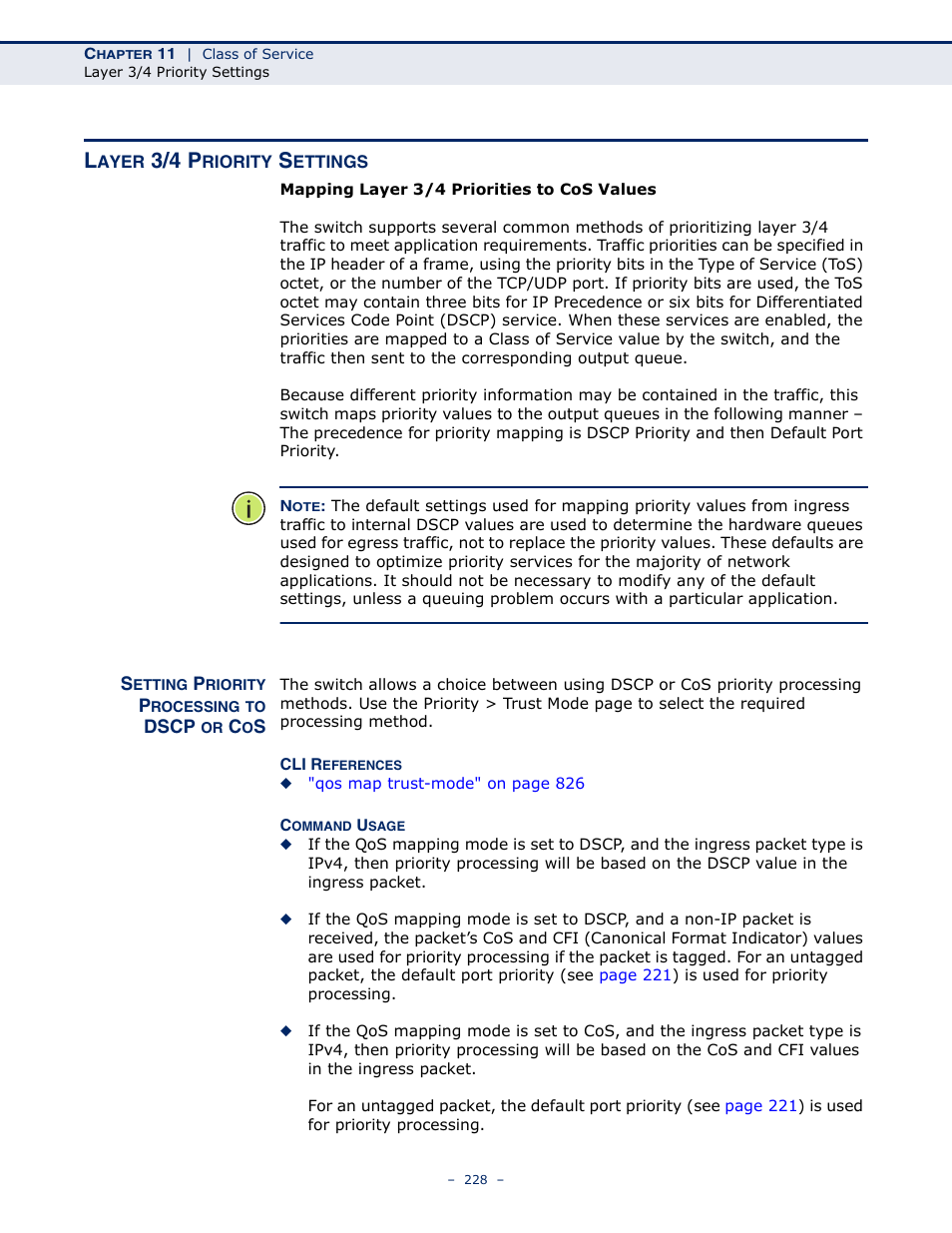 Layer 3/4 priority settings, Setting priority processing to dscp or cos, 3/4 p | Microsens MS453490M Management Guide User Manual | Page 228 / 984