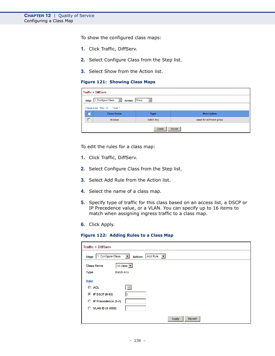 Figure 121: showing class maps, Figure 122: adding rules to a class map | Microsens MS453490M Management Guide User Manual | Page 238 / 984