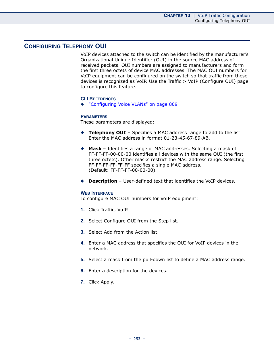 Configuring telephony oui, Telephony oui list | Microsens MS453490M Management Guide User Manual | Page 253 / 984