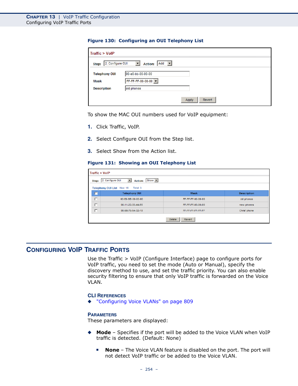 Configuring voip traffic ports, Figure 130: configuring an oui telephony list, Figure 131: showing an oui telephony list | Port settings, Ip t | Microsens MS453490M Management Guide User Manual | Page 254 / 984