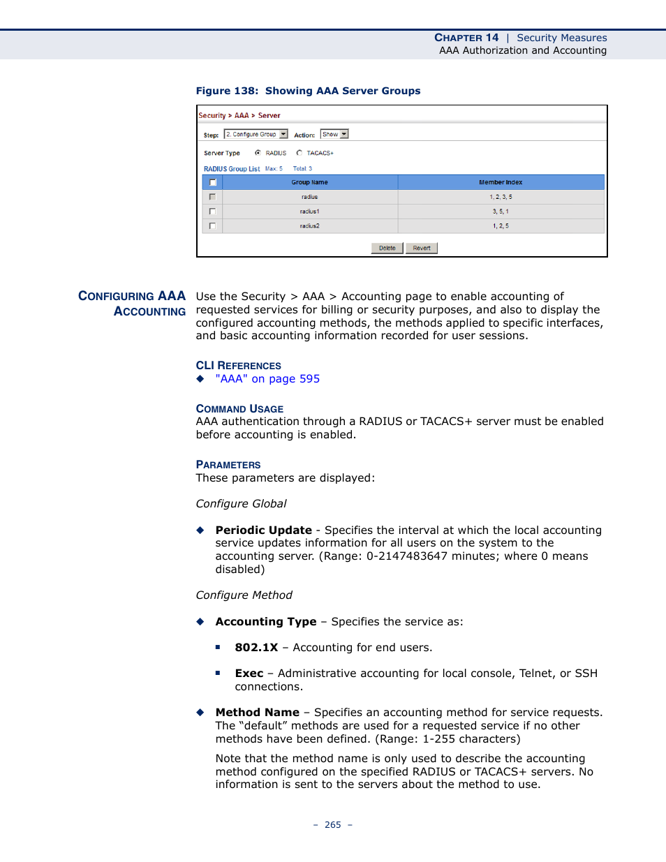 Configuring aaa accounting, Figure 138: showing aaa server groups | Microsens MS453490M Management Guide User Manual | Page 265 / 984