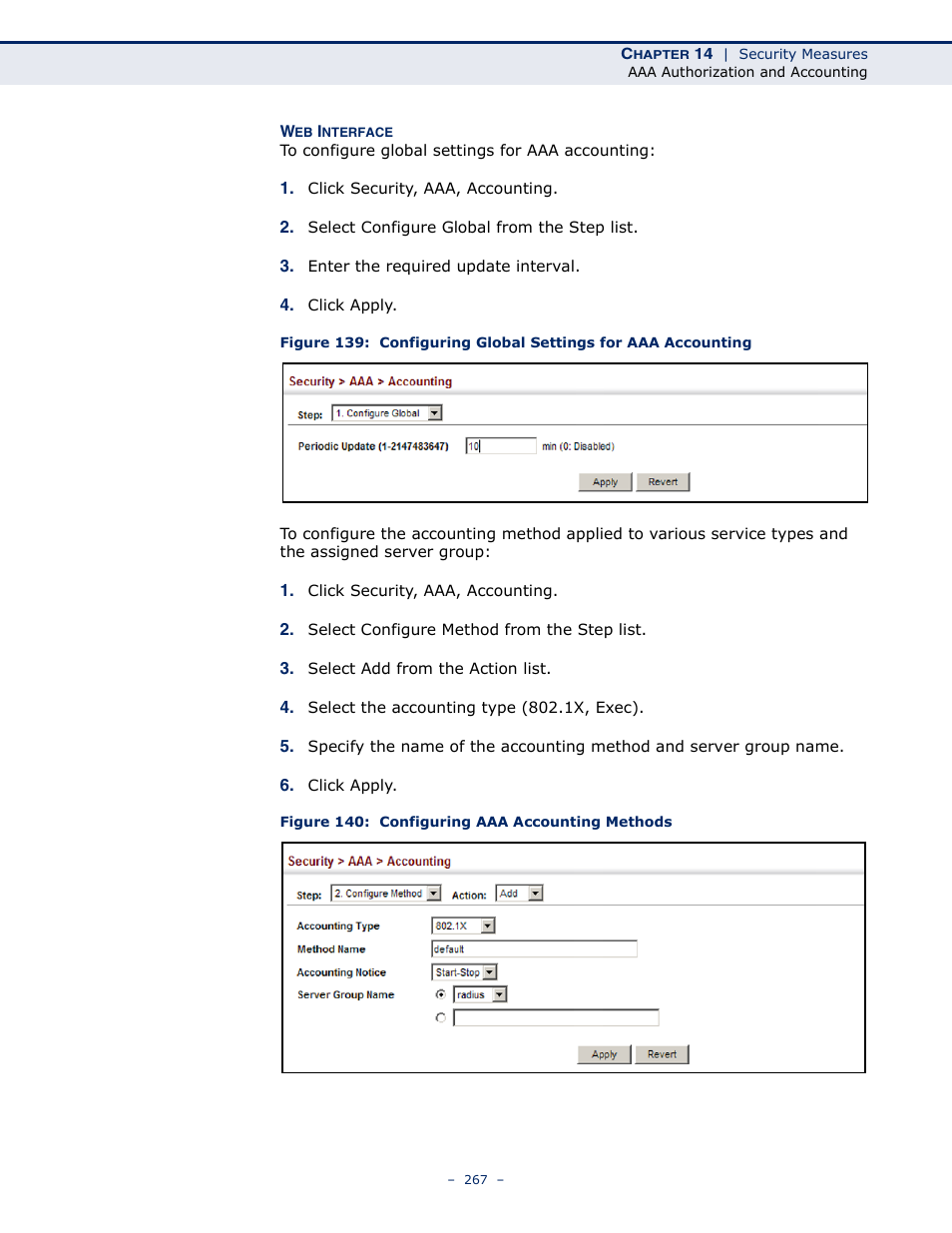 Figure 140: configuring aaa accounting methods | Microsens MS453490M Management Guide User Manual | Page 267 / 984