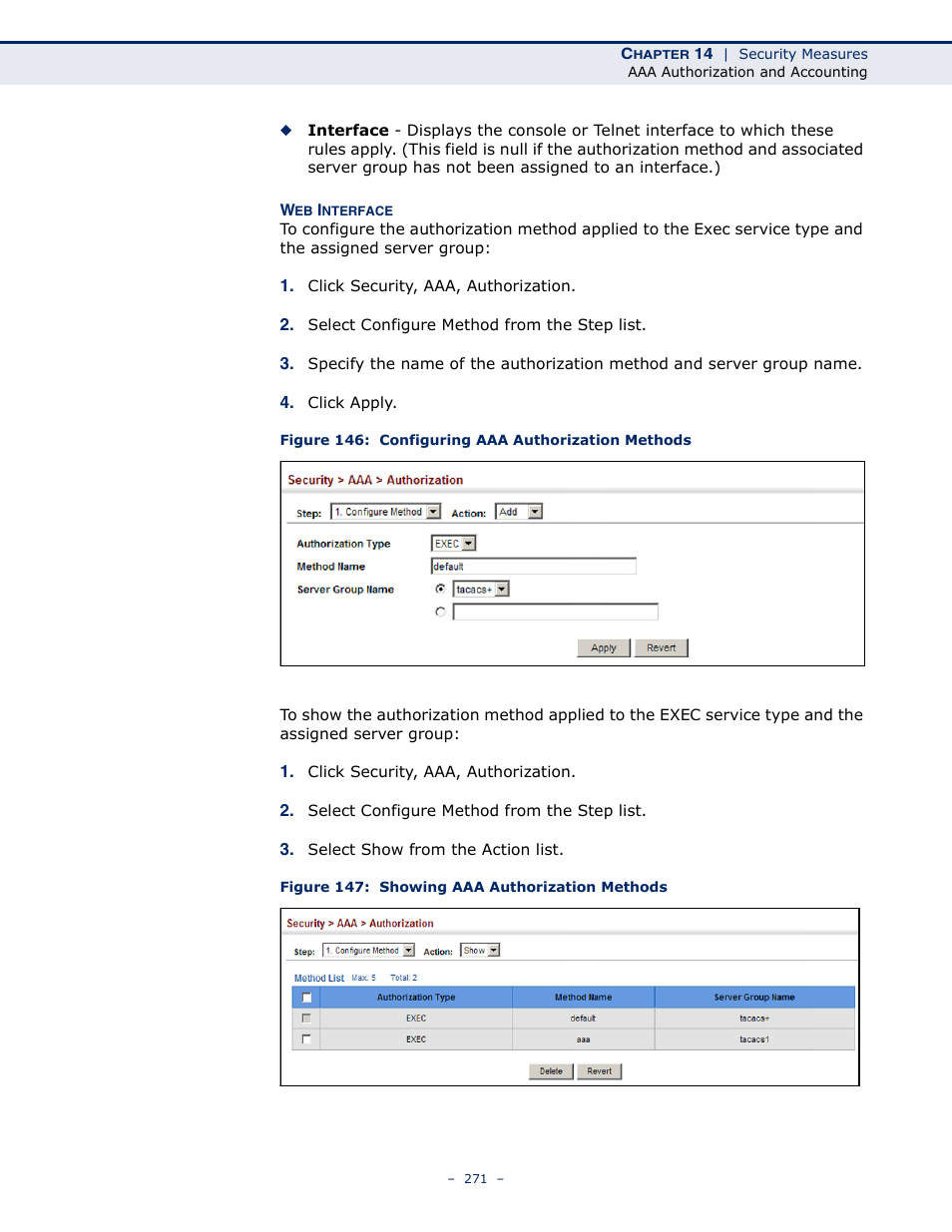 Figure 146: configuring aaa authorization methods, Figure 147: showing aaa authorization methods | Microsens MS453490M Management Guide User Manual | Page 271 / 984