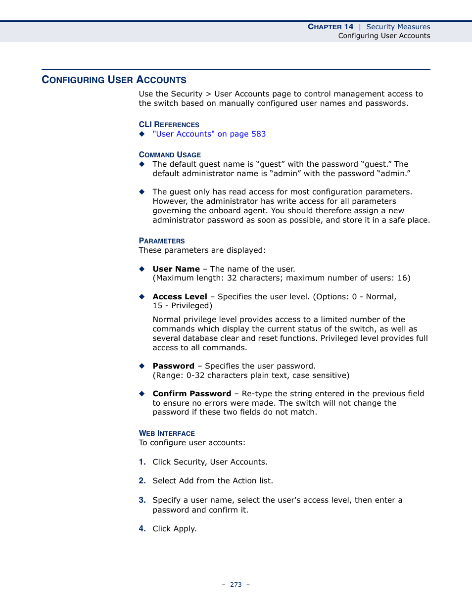 Configuring user accounts, User accounts | Microsens MS453490M Management Guide User Manual | Page 273 / 984