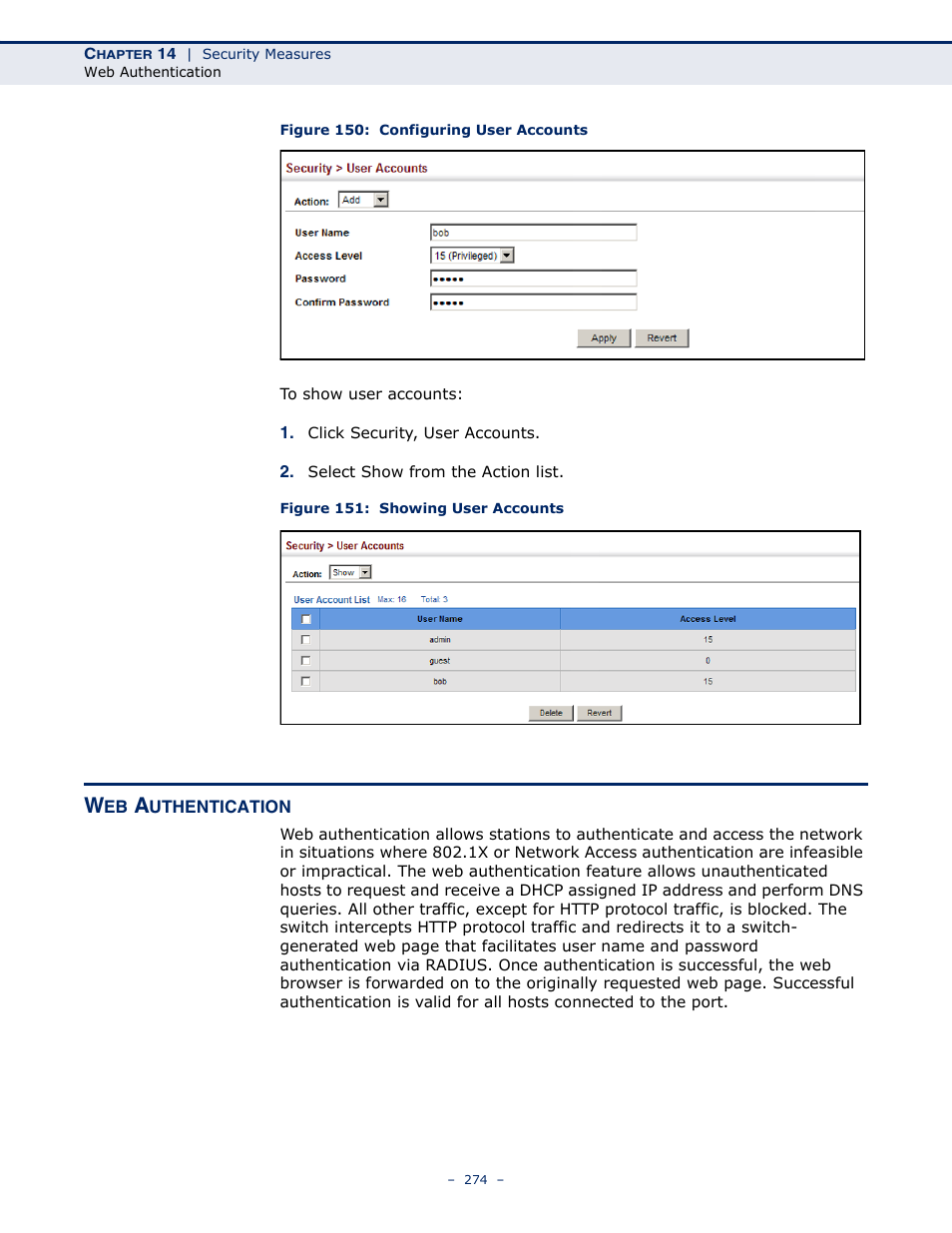 Web authentication, Figure 150: configuring user accounts, Figure 151: showing user accounts | Microsens MS453490M Management Guide User Manual | Page 274 / 984