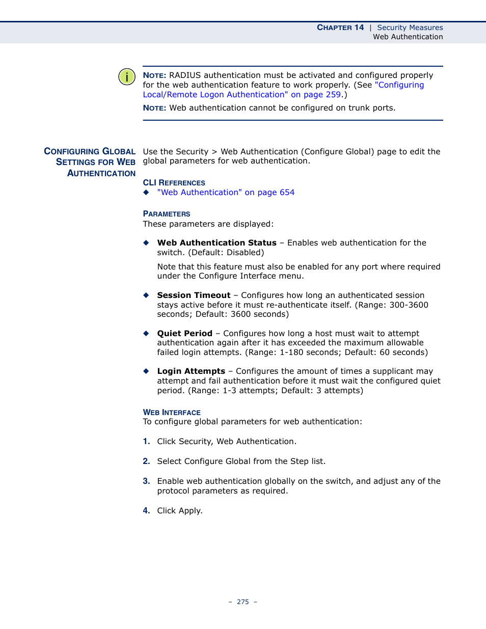 Configuring global settings for web authentication | Microsens MS453490M Management Guide User Manual | Page 275 / 984
