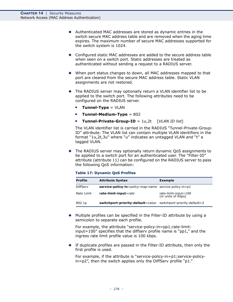 Table 17: dynamic qos profiles | Microsens MS453490M Management Guide User Manual | Page 278 / 984