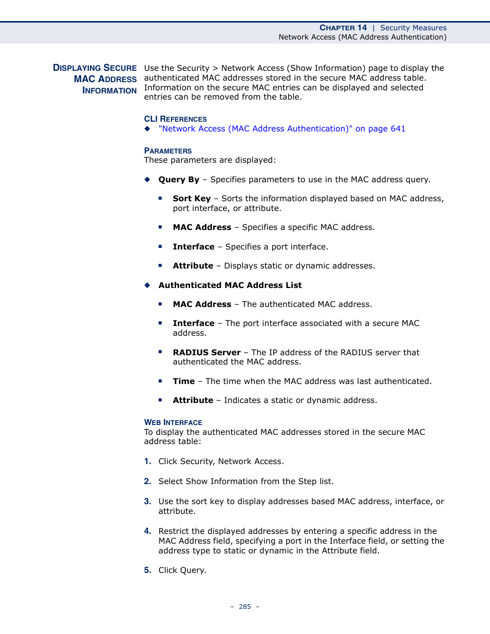 Displaying secure mac address information, Mac a | Microsens MS453490M Management Guide User Manual | Page 285 / 984