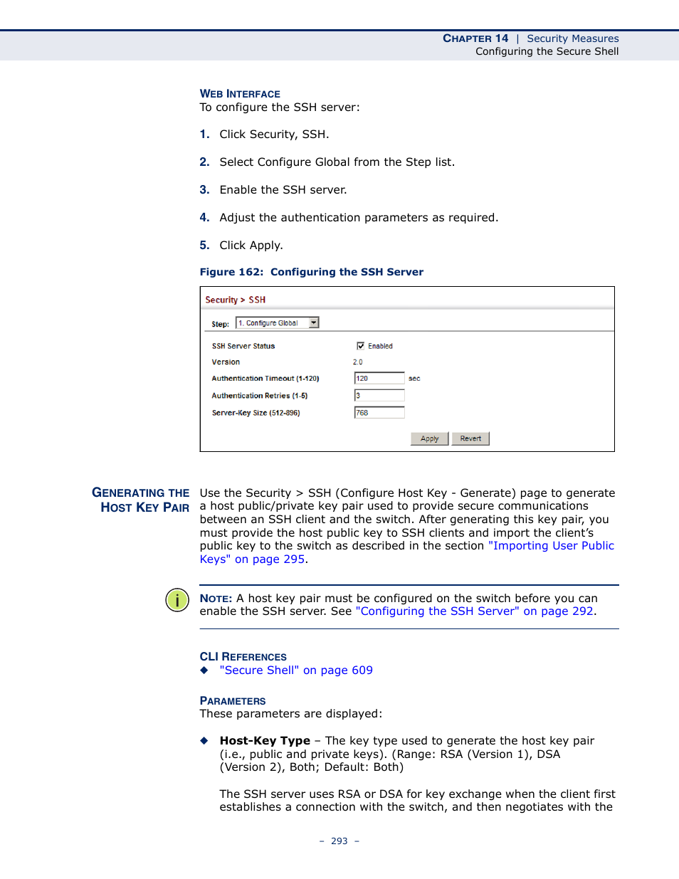 Generating the host key pair, Figure 162: configuring the ssh server | Microsens MS453490M Management Guide User Manual | Page 293 / 984