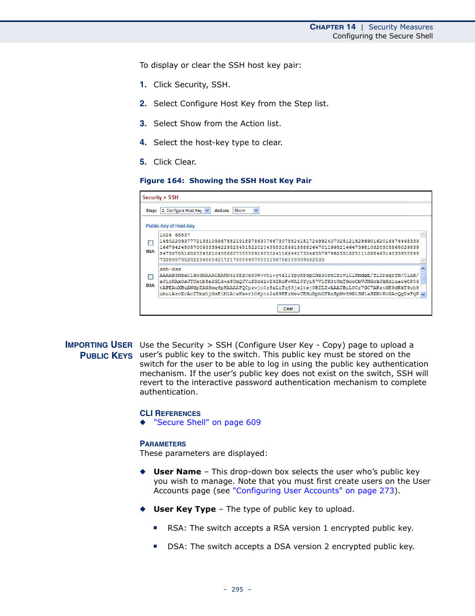 Importing user public keys, Figure 164: showing the ssh host key pair, Importing user public | Microsens MS453490M Management Guide User Manual | Page 295 / 984