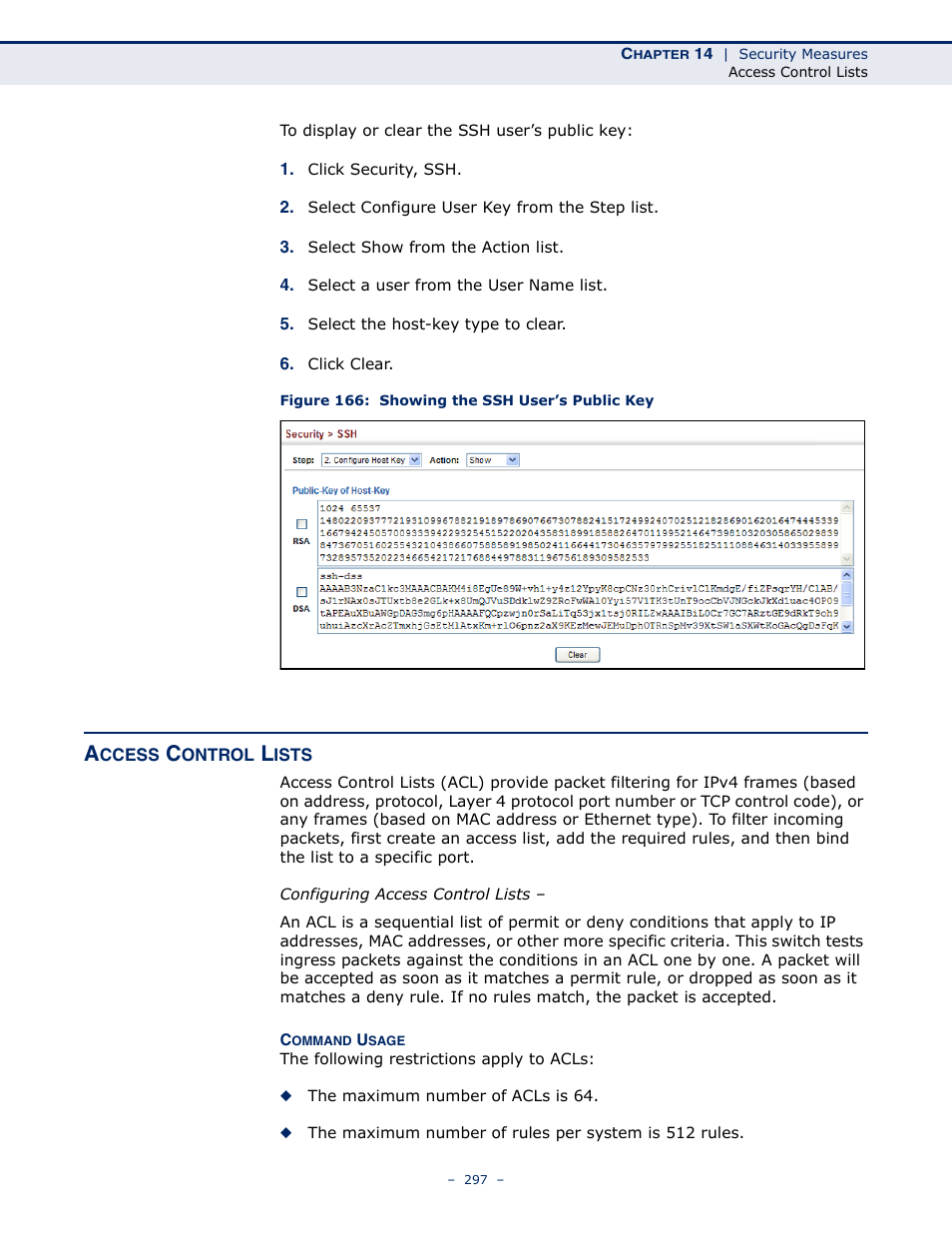 Access control lists, Figure 166: showing the ssh user’s public key | Microsens MS453490M Management Guide User Manual | Page 297 / 984