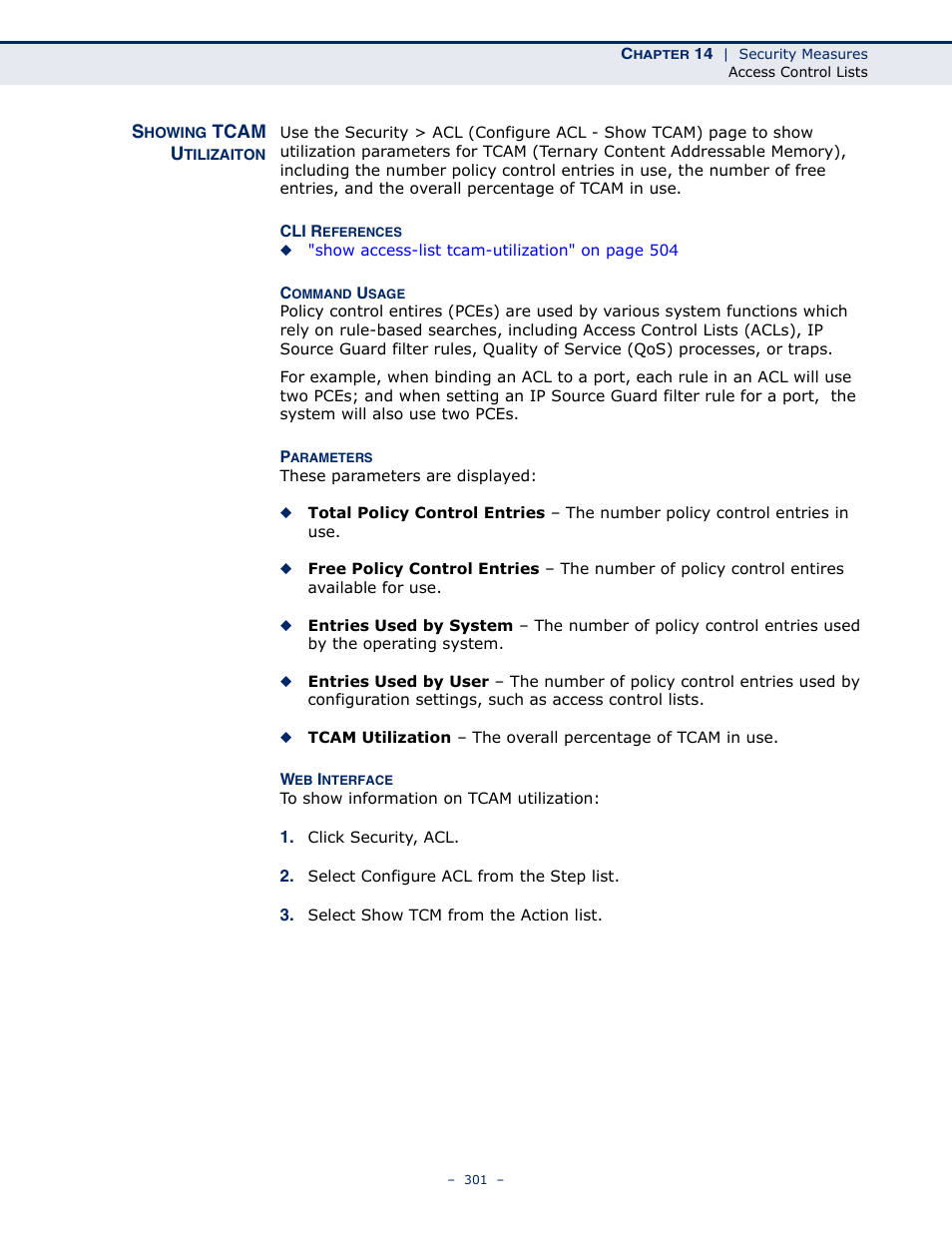 Showing tcam utilizaiton | Microsens MS453490M Management Guide User Manual | Page 301 / 984