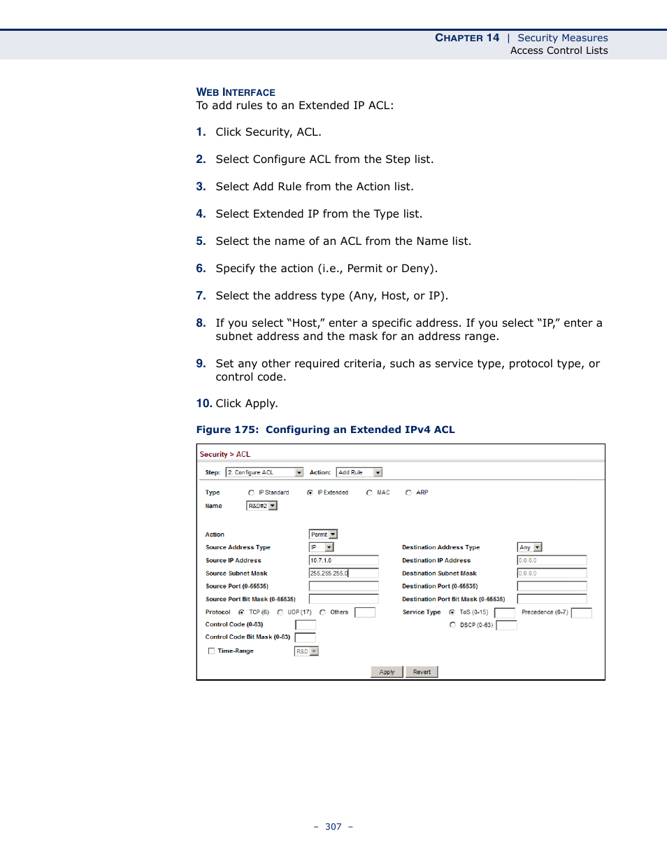 Figure 175: configuring an extended ipv4 acl | Microsens MS453490M Management Guide User Manual | Page 307 / 984