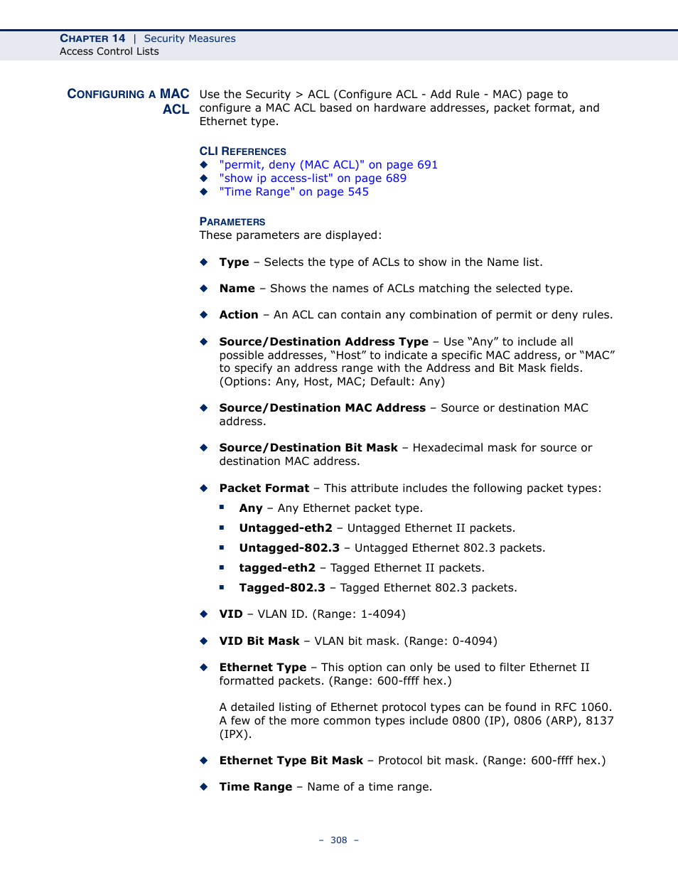 Configuring a mac acl, Mac acl | Microsens MS453490M Management Guide User Manual | Page 308 / 984