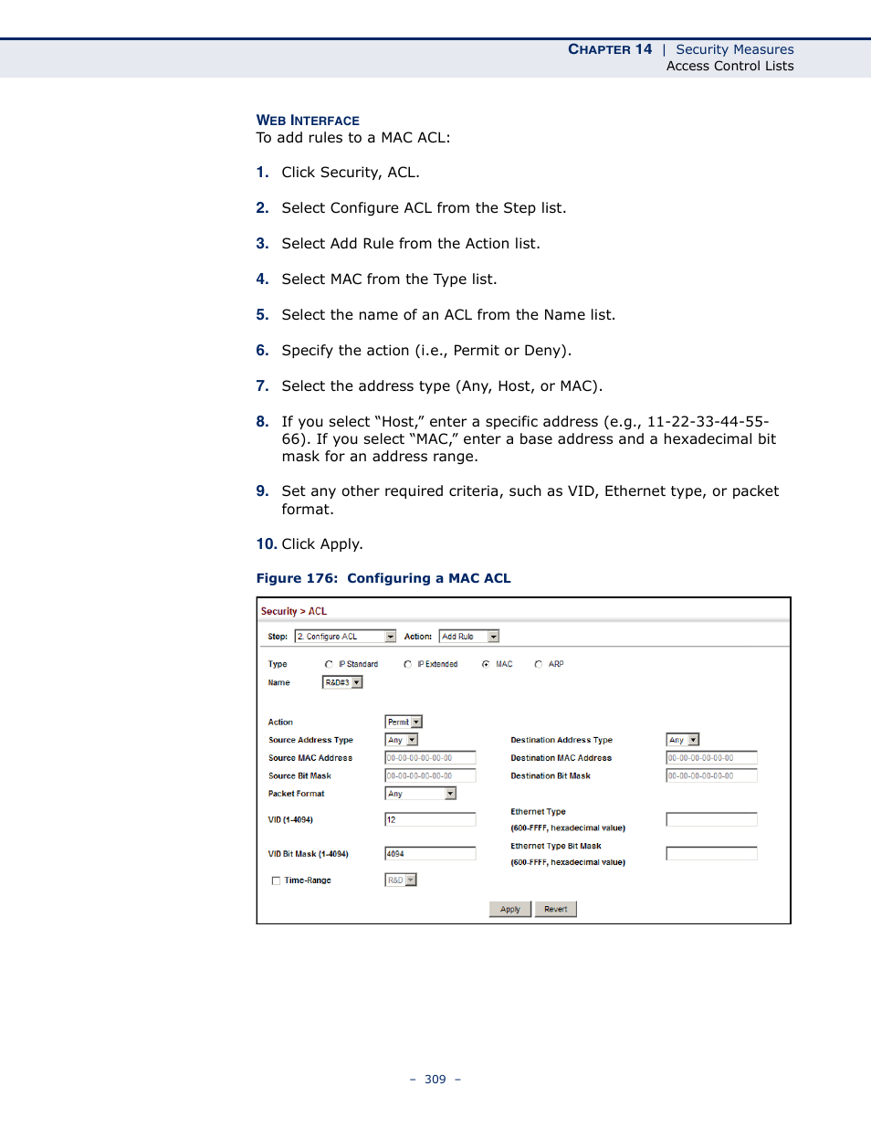 Figure 176: configuring a mac acl | Microsens MS453490M Management Guide User Manual | Page 309 / 984