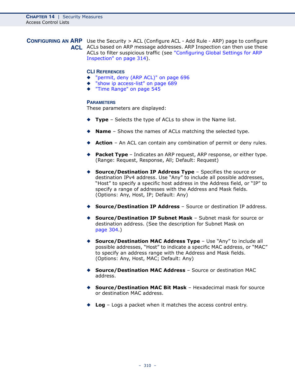 Configuring an arp acl | Microsens MS453490M Management Guide User Manual | Page 310 / 984