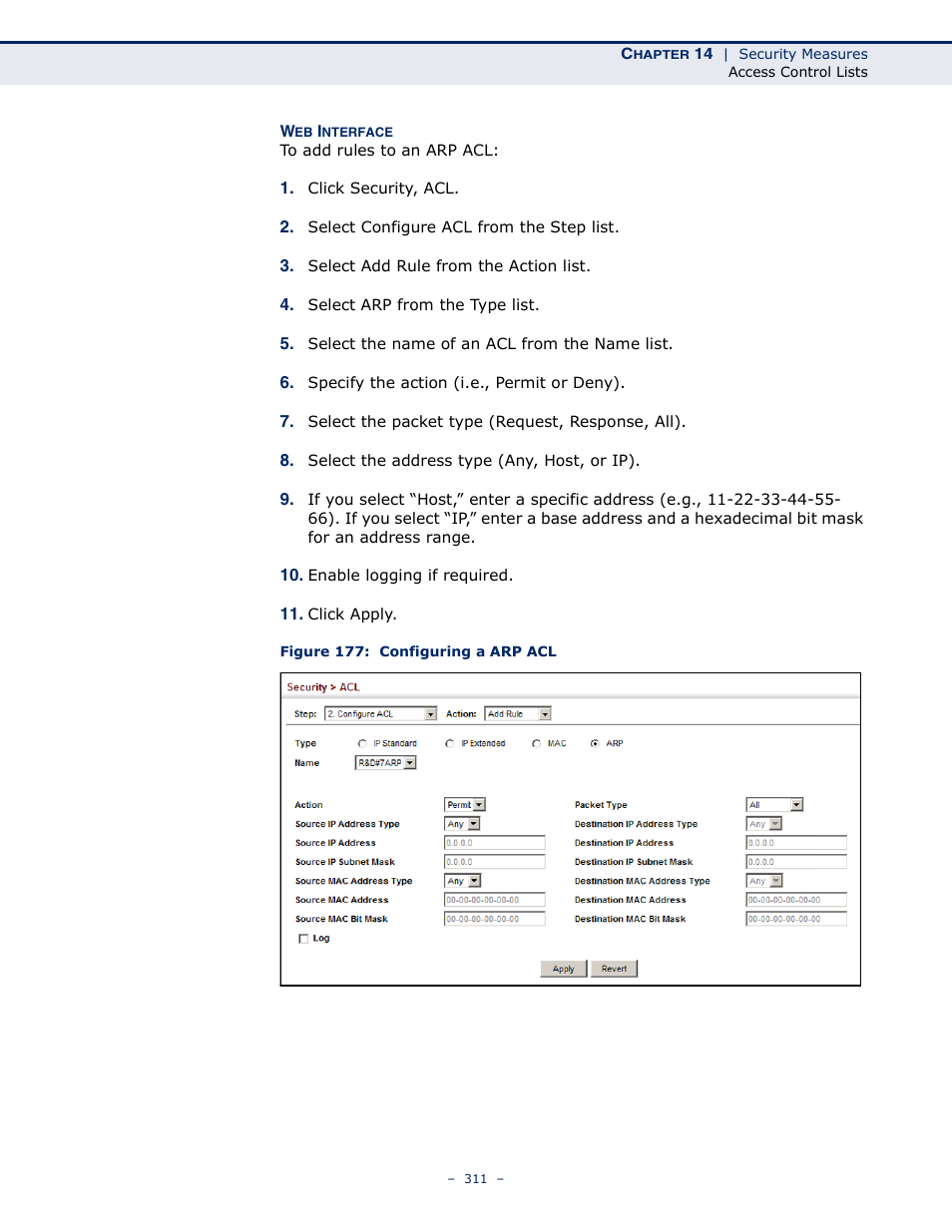 Figure 177: configuring a arp acl | Microsens MS453490M Management Guide User Manual | Page 311 / 984