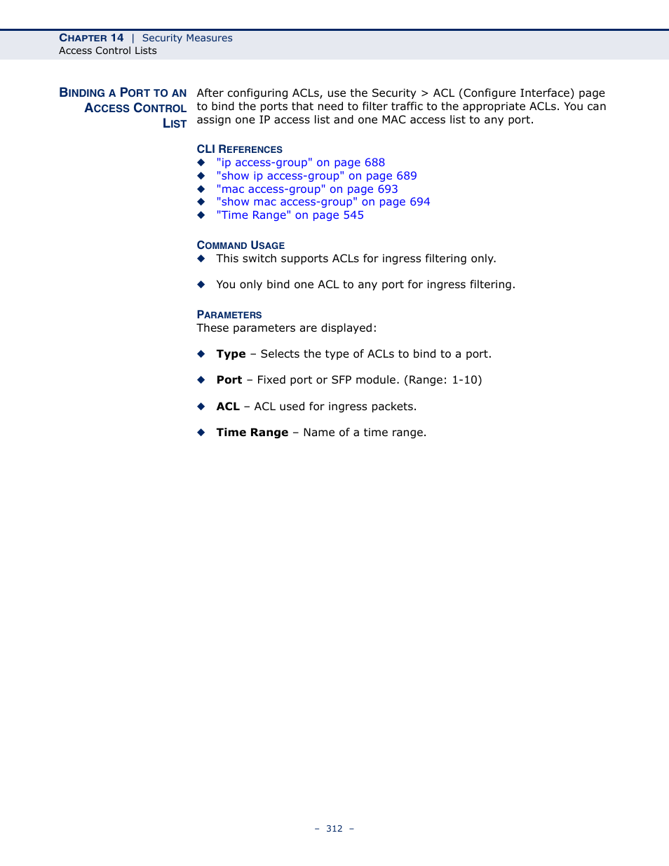 Binding a port to an access control list | Microsens MS453490M Management Guide User Manual | Page 312 / 984