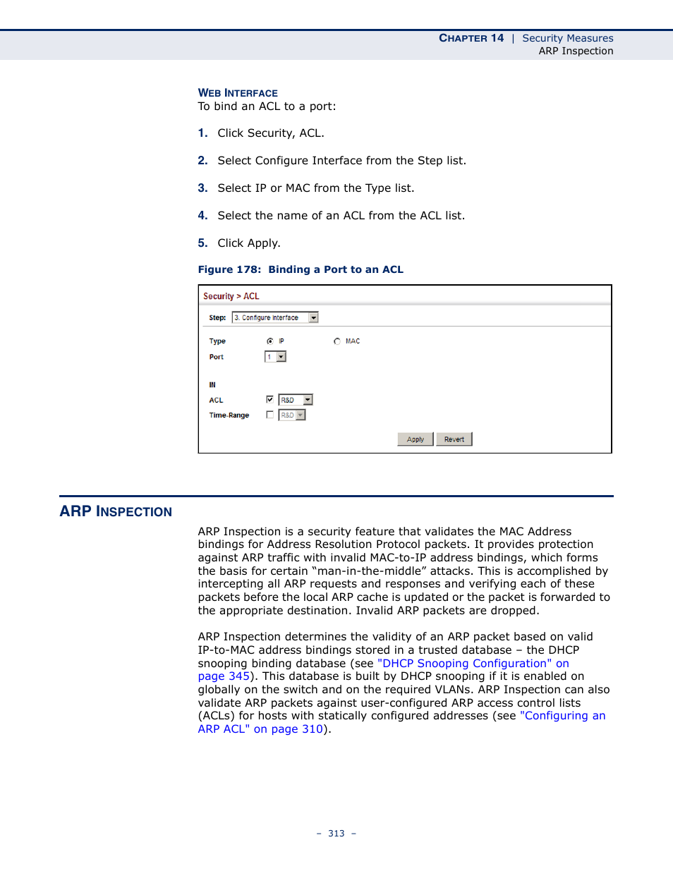 Arp inspection, Figure 178: binding a port to an acl, Arp i | Microsens MS453490M Management Guide User Manual | Page 313 / 984