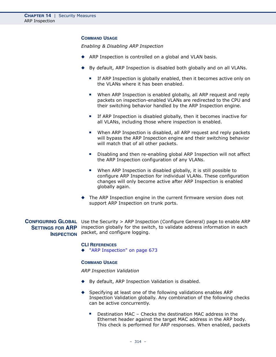 Configuring global settings for arp inspection, Configuring global settings for arp, Arp i | Microsens MS453490M Management Guide User Manual | Page 314 / 984