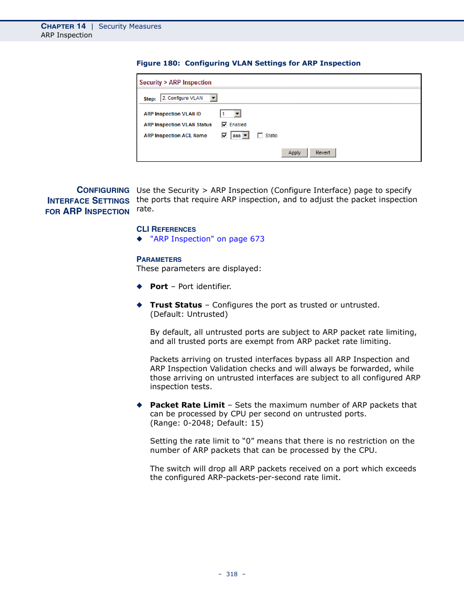 Configuring interface settings for arp inspection | Microsens MS453490M Management Guide User Manual | Page 318 / 984