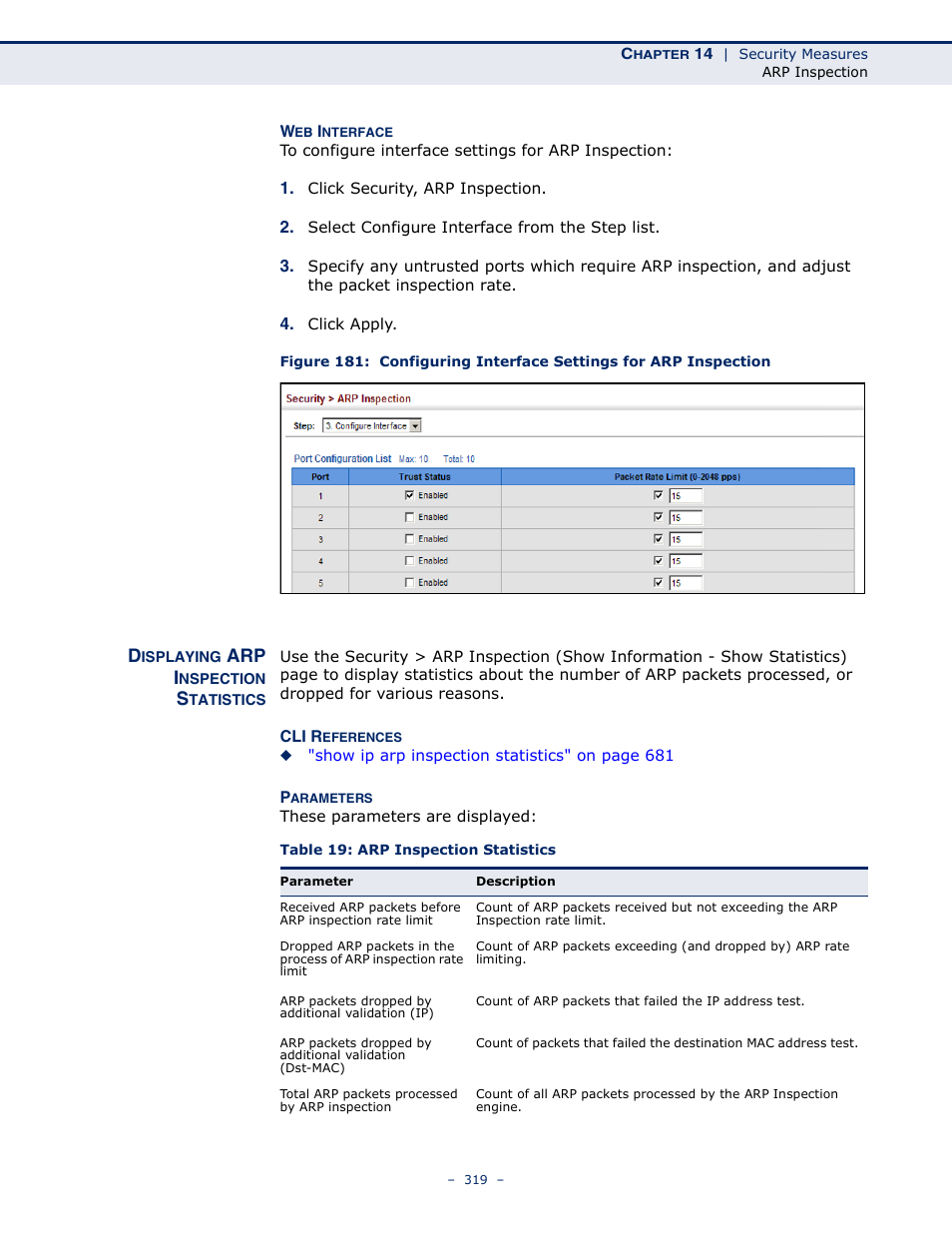 Displaying arp inspection statistics, Table 19: arp inspection statistics, Arp i | Microsens MS453490M Management Guide User Manual | Page 319 / 984