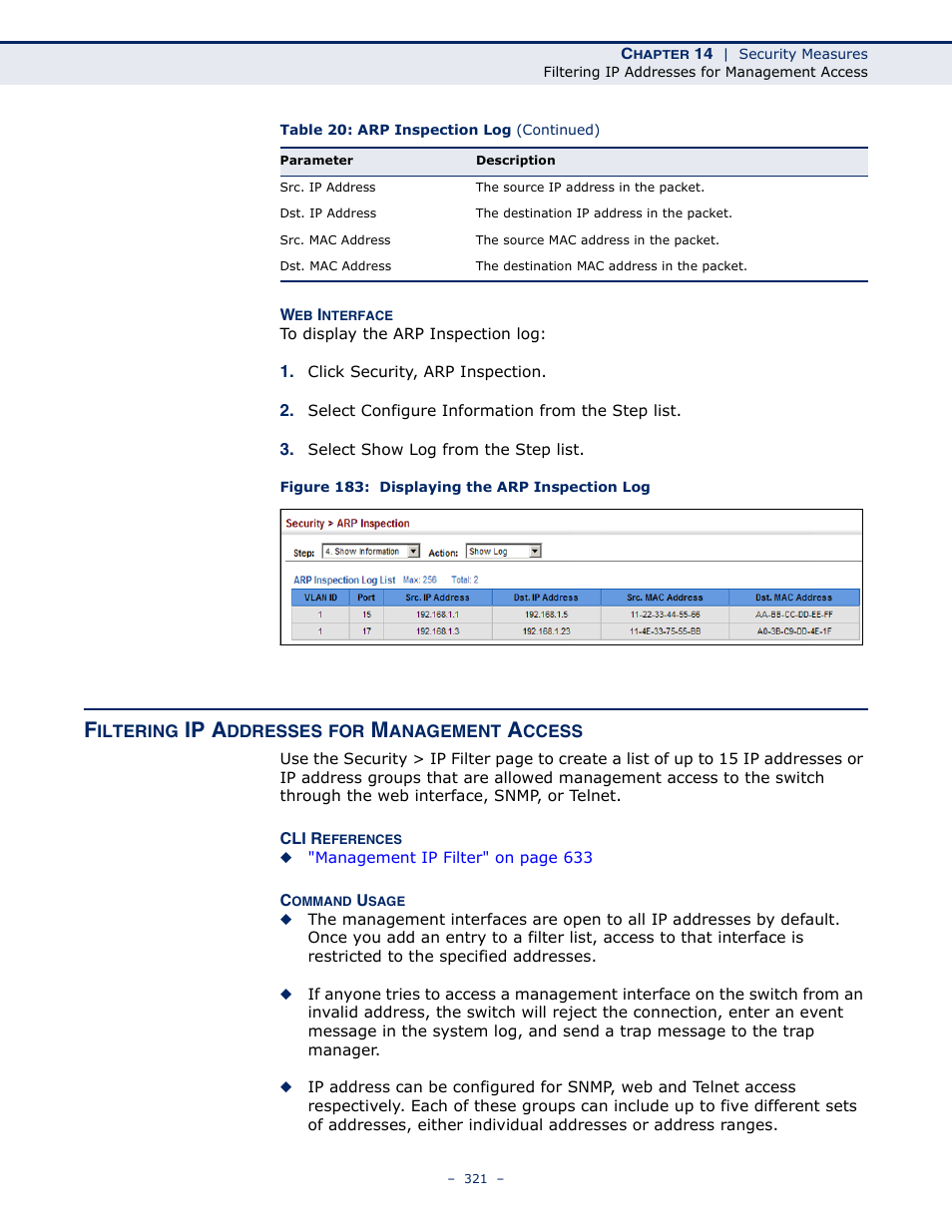 Filtering ip addresses for management access, Figure 183: displaying the arp inspection log, Ip filter | Ip a | Microsens MS453490M Management Guide User Manual | Page 321 / 984