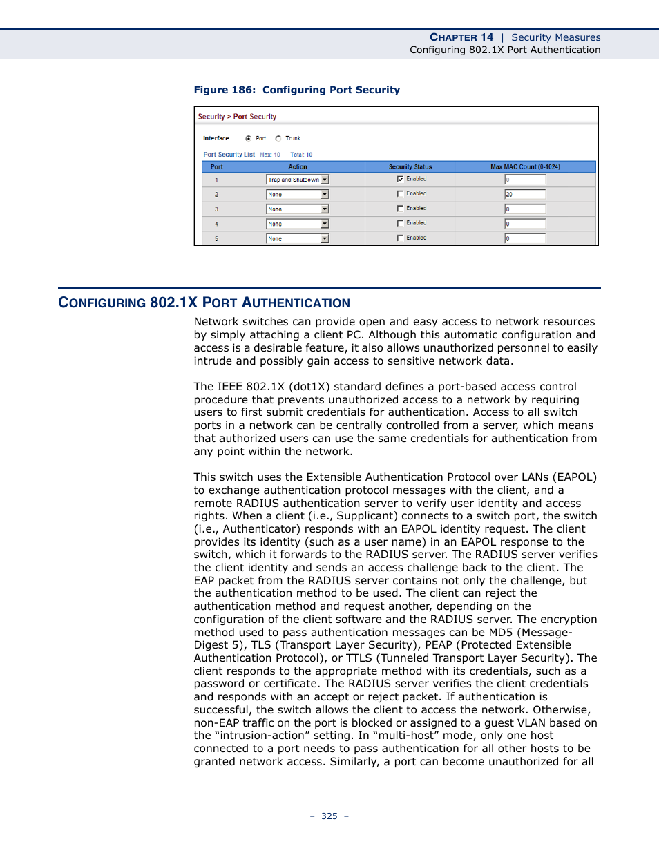 Configuring 802.1x port authentication, Figure 186: configuring port security, Port authentication | 1x p | Microsens MS453490M Management Guide User Manual | Page 325 / 984