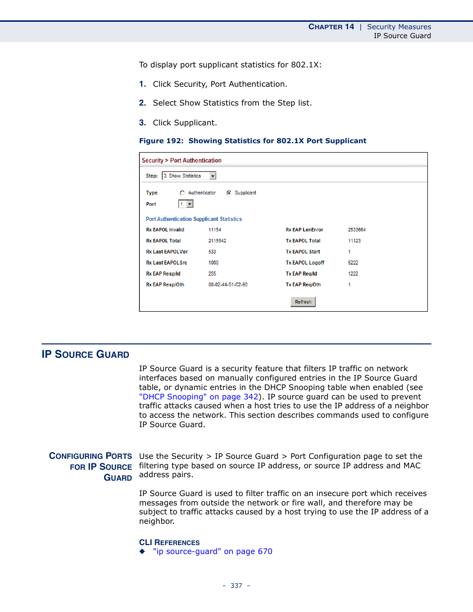 Ip source guard, Configuring ports for ip source guard, Ip s | Microsens MS453490M Management Guide User Manual | Page 337 / 984