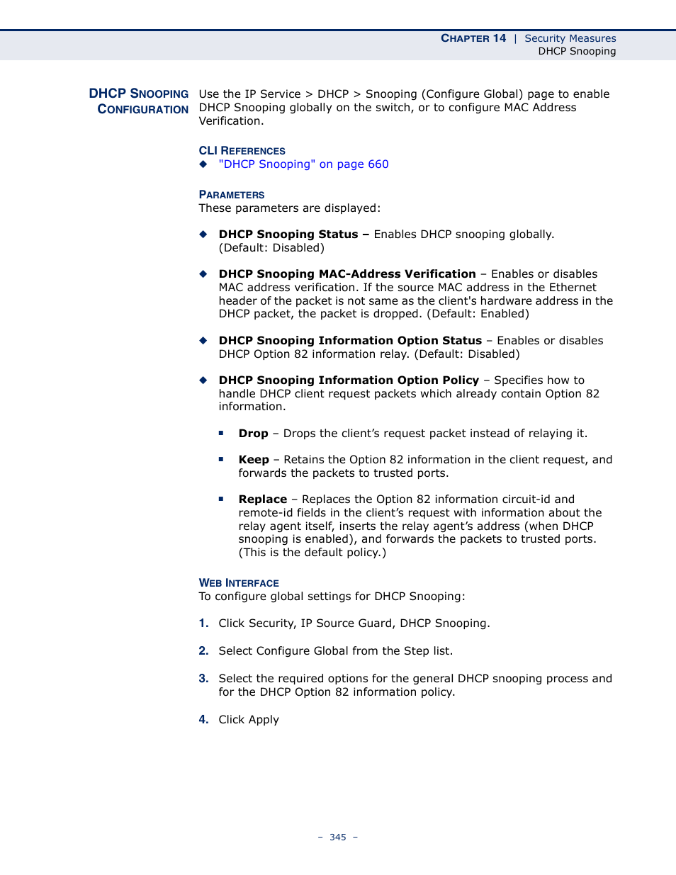 Dhcp snooping configuration, Dhcp snooping configuration" on | Microsens MS453490M Management Guide User Manual | Page 345 / 984