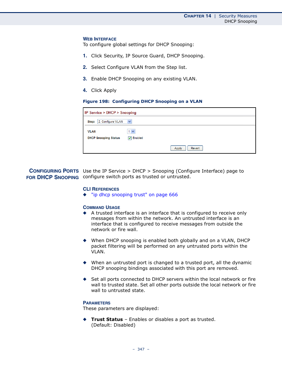 Configuring ports for dhcp snooping, Figure 198: configuring dhcp snooping on a vlan | Microsens MS453490M Management Guide User Manual | Page 347 / 984