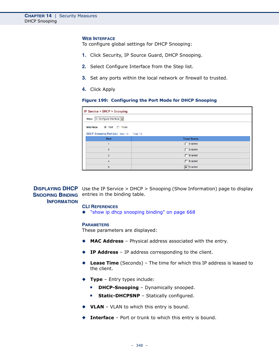 Displaying dhcp snooping binding information | Microsens MS453490M Management Guide User Manual | Page 348 / 984