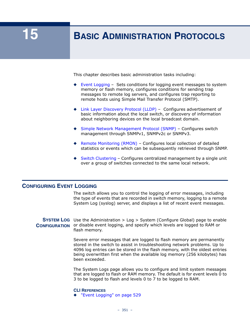 Basic administration protocols, Configuring event logging, System log configuration | 15 b, Asic, Dministration, Rotocols | Microsens MS453490M Management Guide User Manual | Page 351 / 984