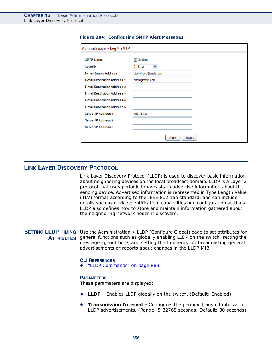 Link layer discovery protocol, Setting lldp timing attributes, Figure 204: configuring smtp alert messages | Link layer discovery protocol (lldp) | Microsens MS453490M Management Guide User Manual | Page 356 / 984