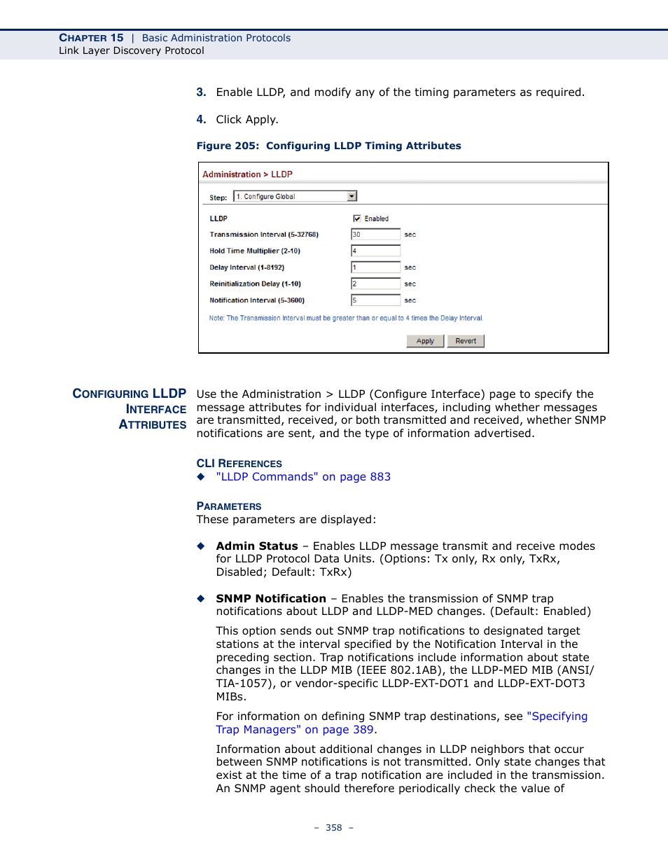 Configuring lldp interface attributes, Figure 205: configuring lldp timing attributes | Microsens MS453490M Management Guide User Manual | Page 358 / 984