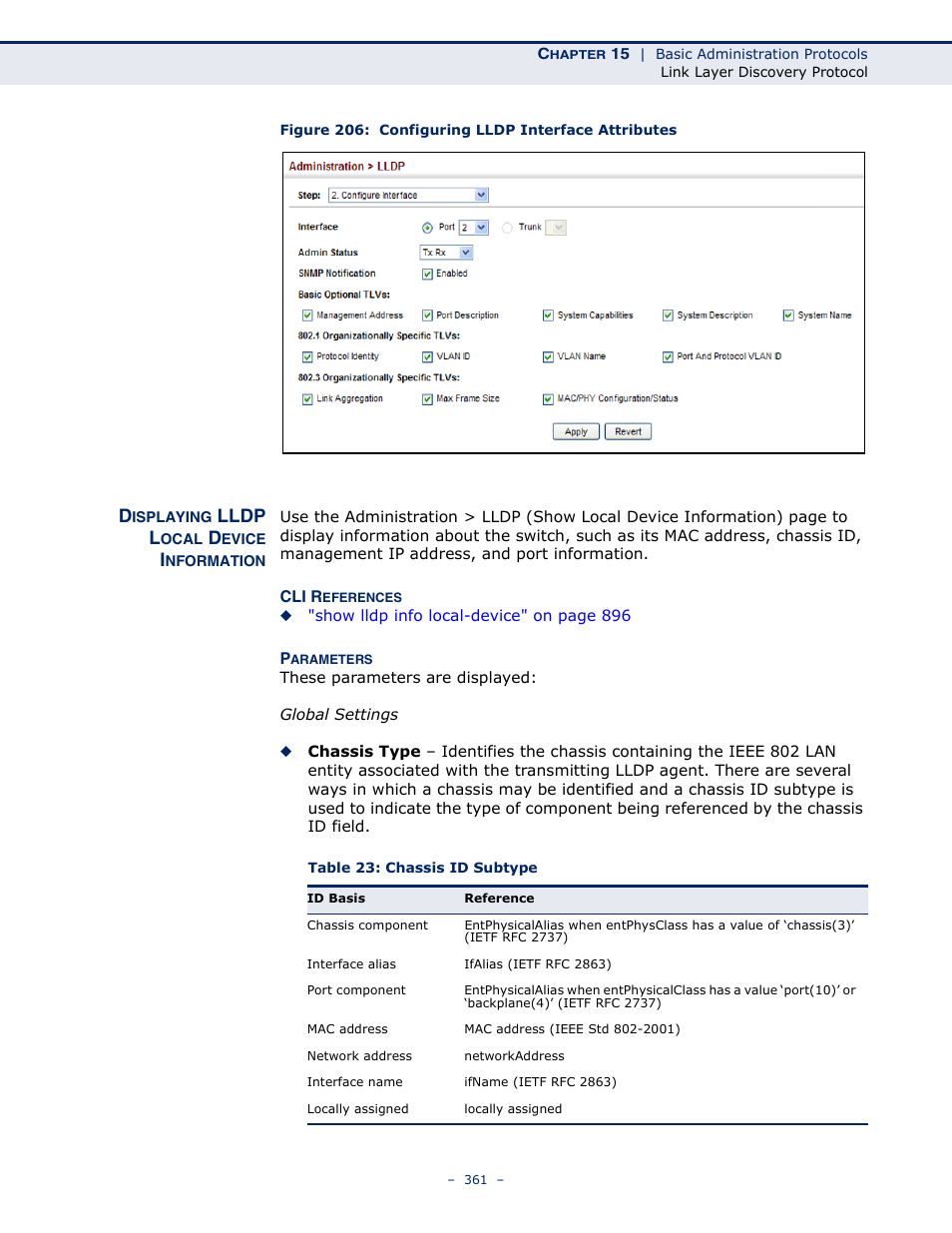 Displaying lldp local device information, Figure 206: configuring lldp interface attributes, Table 23: chassis id subtype | Lldp l | Microsens MS453490M Management Guide User Manual | Page 361 / 984