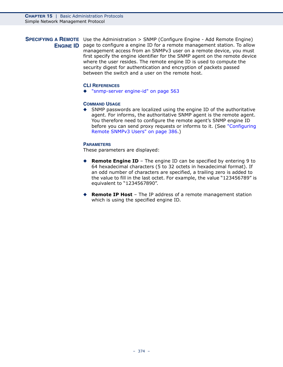 Specifying a remote engine id | Microsens MS453490M Management Guide User Manual | Page 374 / 984