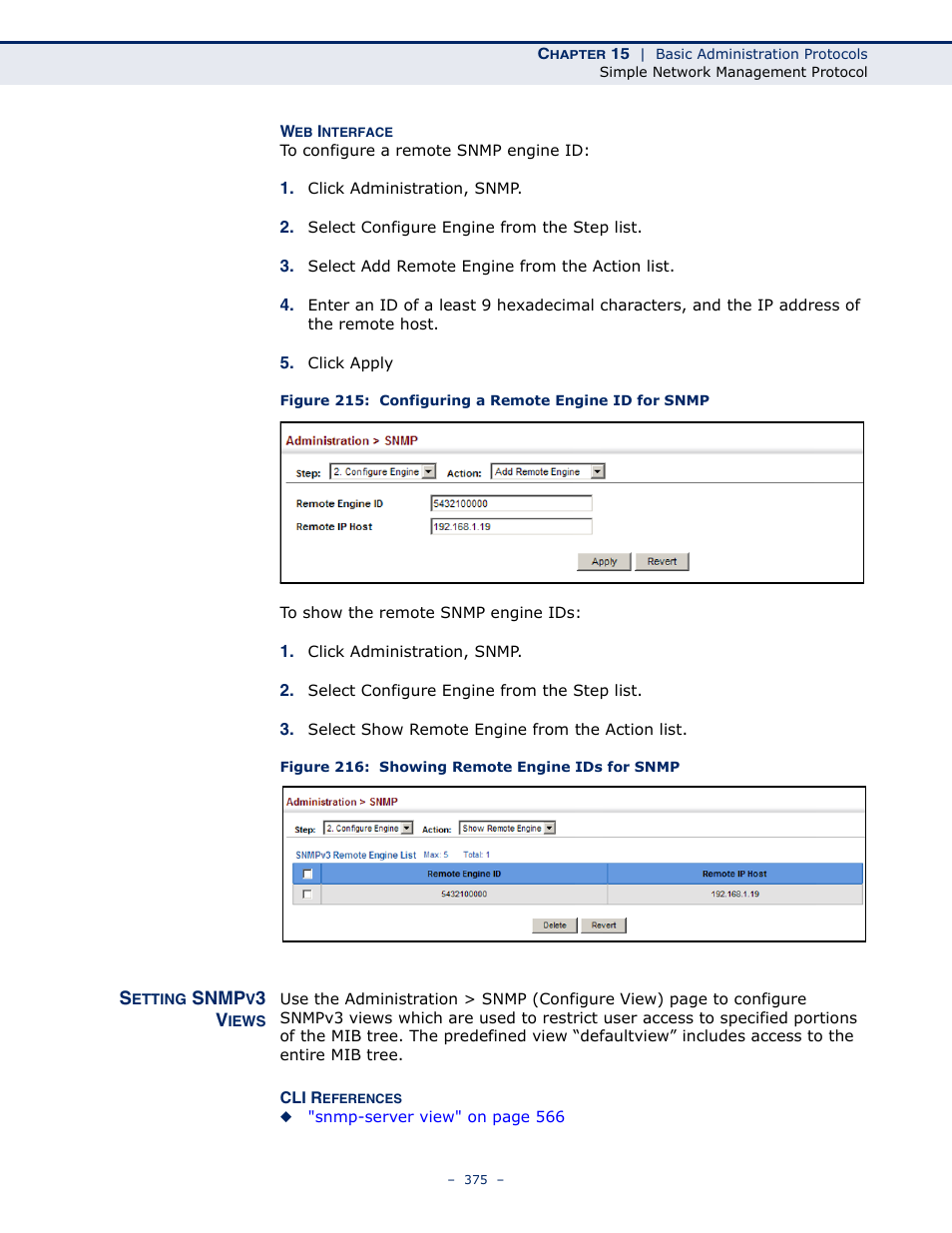 Setting snmpv3 views, Figure 216: showing remote engine ids for snmp | Microsens MS453490M Management Guide User Manual | Page 375 / 984