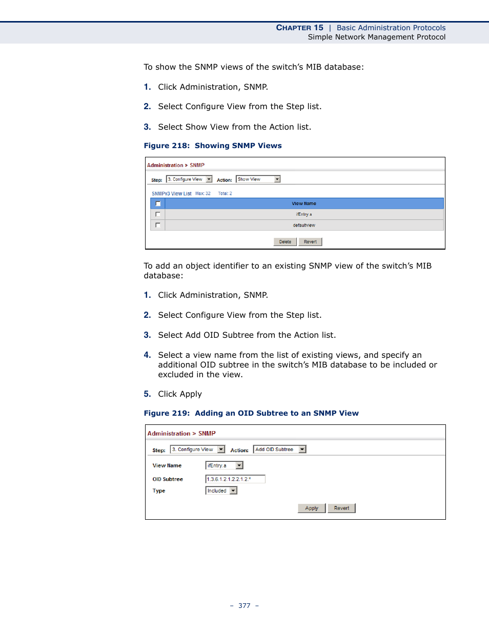 Figure 218: showing snmp views, Figure 219: adding an oid subtree to an snmp view | Microsens MS453490M Management Guide User Manual | Page 377 / 984