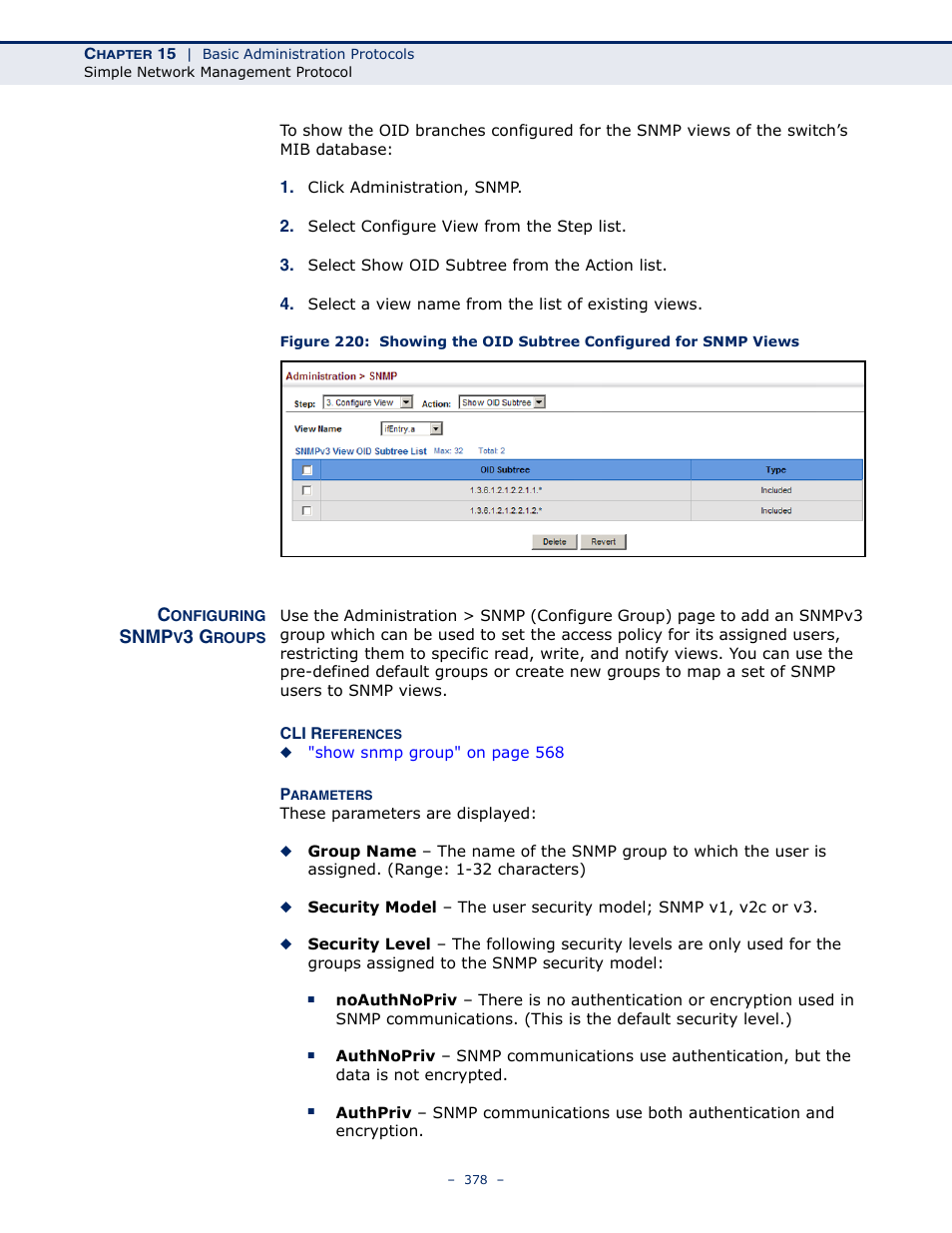 Configuring snmpv3 groups | Microsens MS453490M Management Guide User Manual | Page 378 / 984